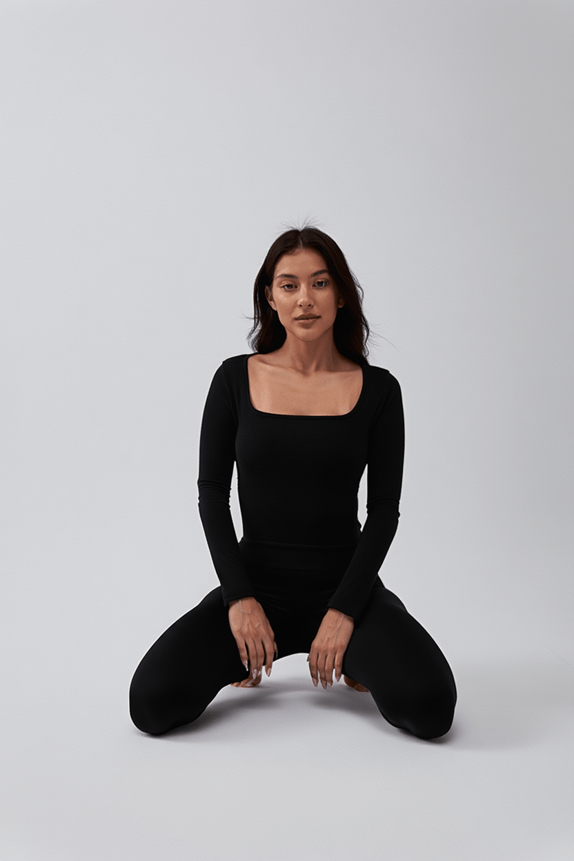 Soft Square Neck Long Sleeve Top - Black - tjuso
