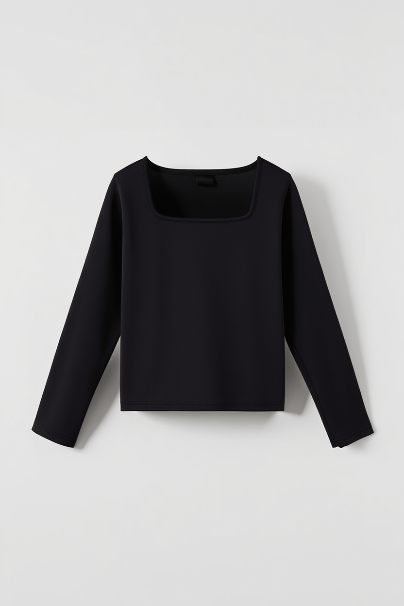 Soft Square Neck Long Sleeve Top - Black - tjuso