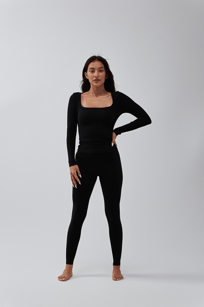 Soft Square Neck Long Sleeve Top - Black - tjuso
